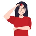 Vector illustration of a young Asian brunette woman holding her head. Illustration on the topic of headache